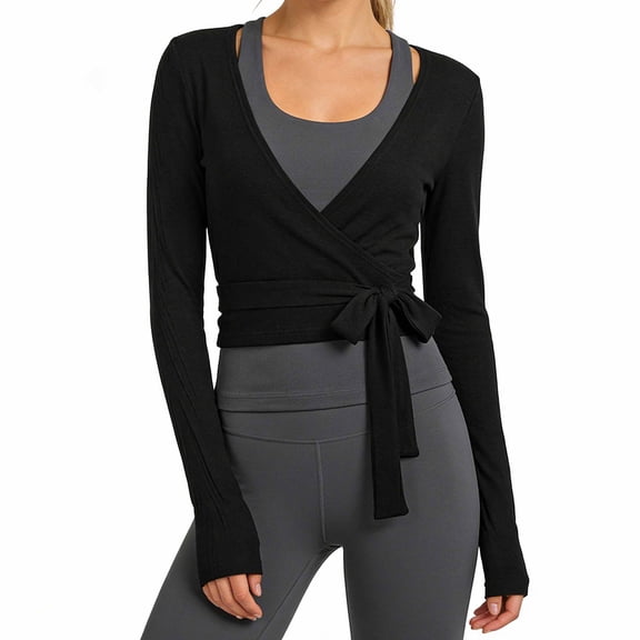 Zzjniupiyyds 1 Pcs Women Ballet Wrap Top, Long Sleeve V Neck Self Tie Yoga Shirt, Pilates Workout Tops Casual Blouse, Black Size S