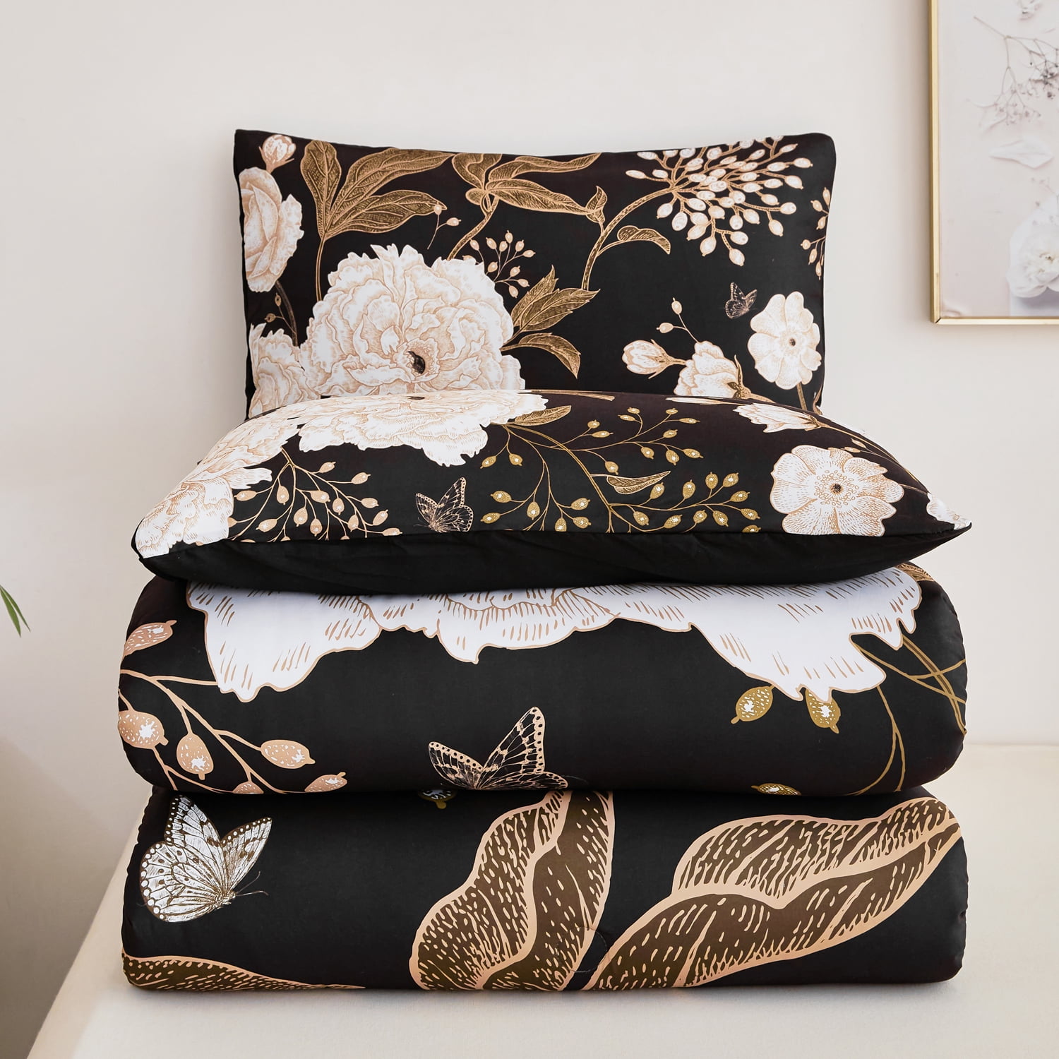 URBONUR Black Floral Full Comforter Set Printed Comforter White Flowers Butterfly Bedding Set 3 Pieces Botanical Farmhouse Comforter with 2 Pillowcases