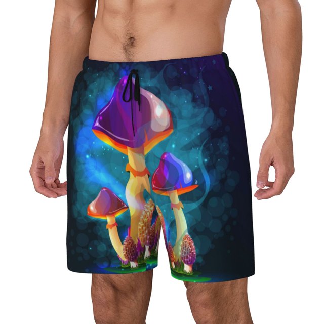Cauagu Magic Mushrooms ,Fireflies Print Mens Swim Trunks Quick Dry Board Shorts Swim Shorts with Compression Liner Bathing Suits-XX-Large