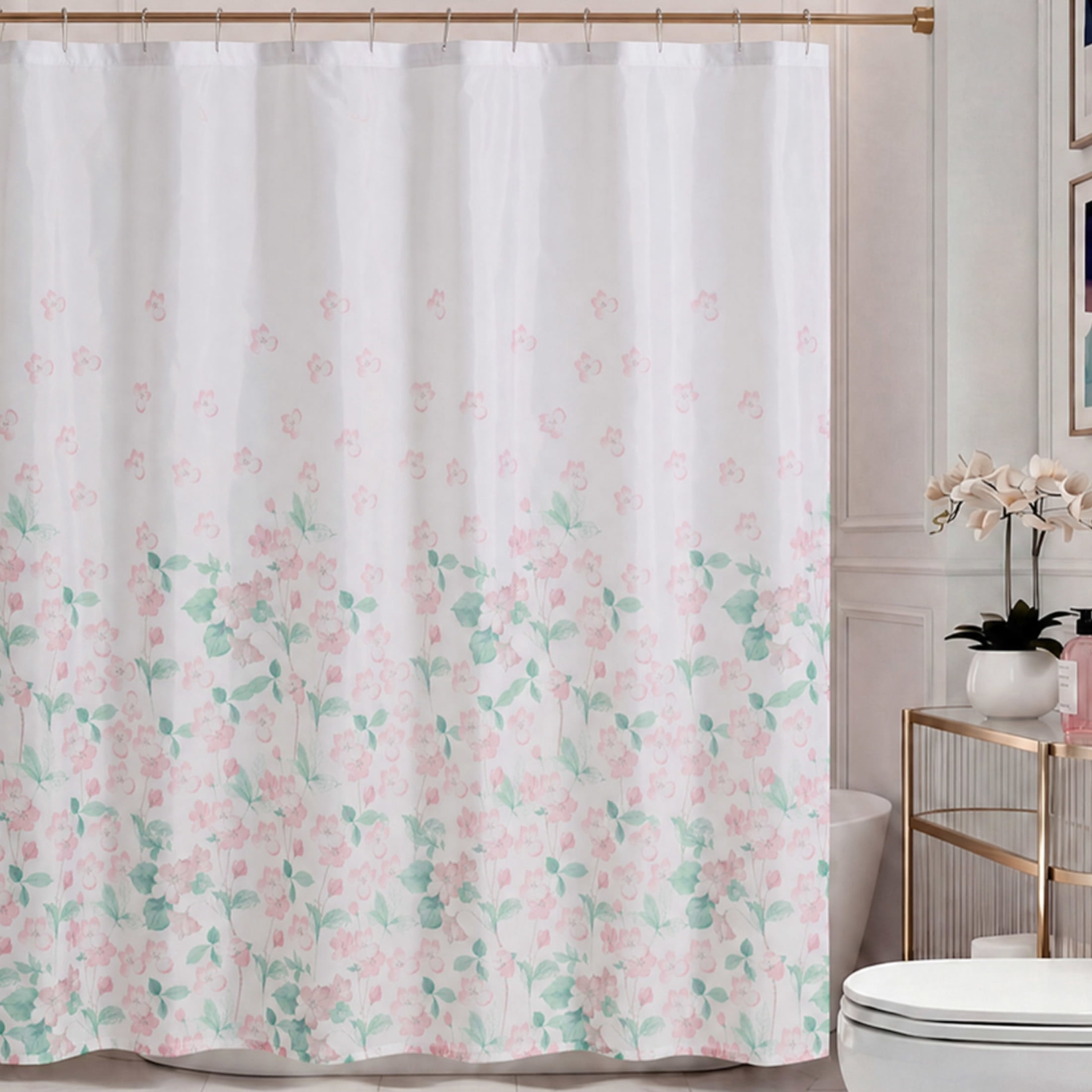 CHI Serene Floral Engineered Shower Curtain with Hooks and Rugs Modern Washable 72" W x 72" L 15-Piece Set