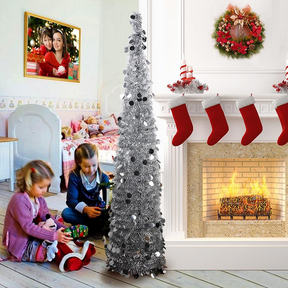5ft Pop Up Christmas Tinsel Tree with Stand, Gorgeous Collapsible Artificial Christmas Tree for Christmas Decorations, Silver