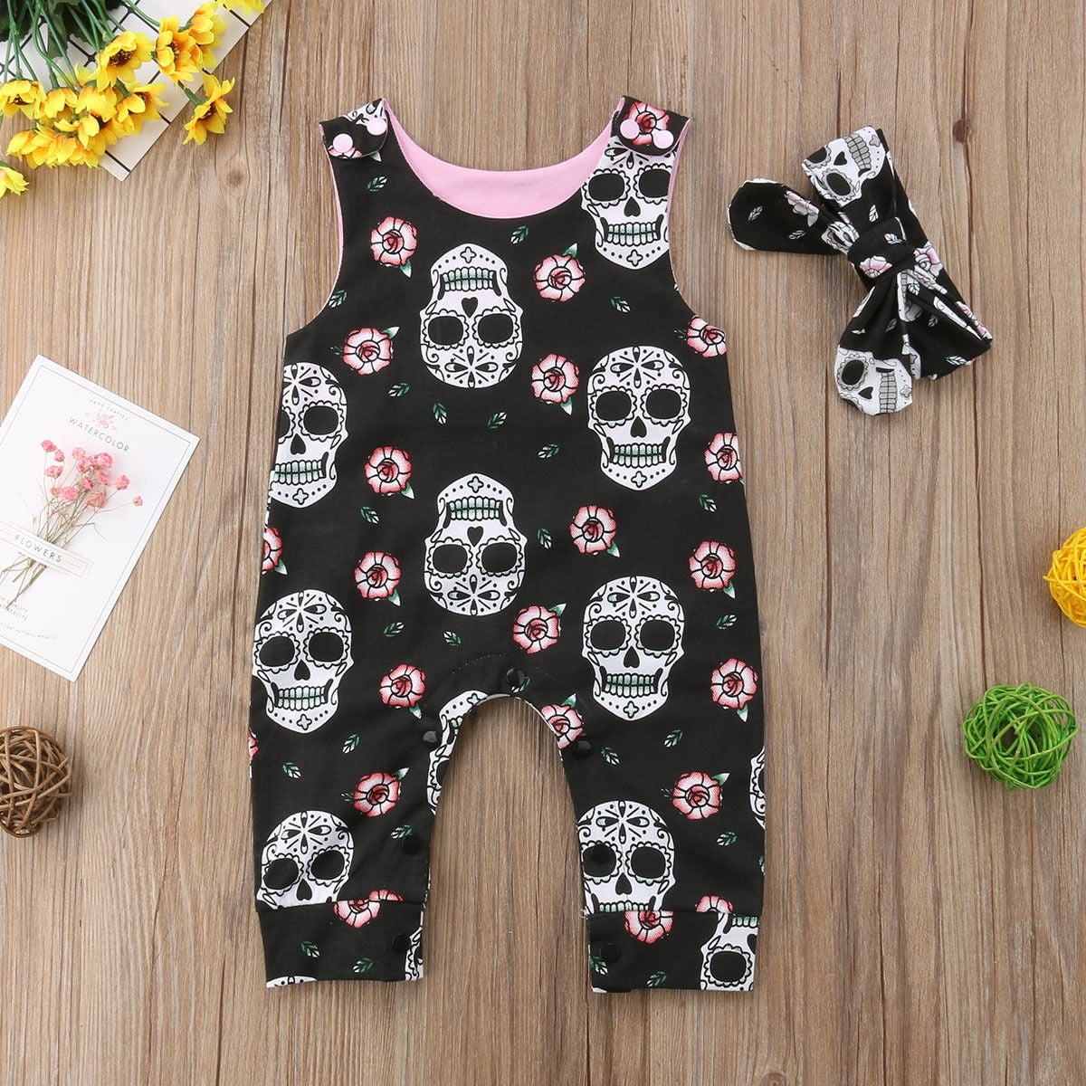 Halloween Pink Skull Gray One Piece Romper Baby Girls Jumpsuit Bodysuit NB-18M 