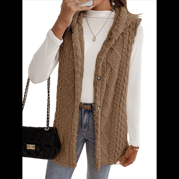 Chaleco Informal con Capucha de de Doble Cara para Mujer, Otoño-Invierno, Informal, Extragrande, Cálido, con Botones. Marrón XL