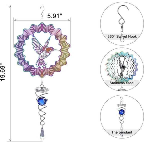 Bird Stainless Steel Wind Spinner with Wind Chimes 3D Hummingbird Indoor Outdoor Garden Decoration Home Yard Patio Hanging Art Decor