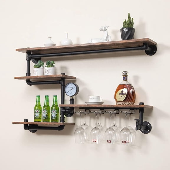 Industrial Pipe Shelves Wine Rack Wall Mounted with 4 Stem Glass Holder,Bar Shelves 39in Metal Hanging Wine Rack, Rustic Floating Pipe Shelf, Living Room Kitchen Decor Display Rack