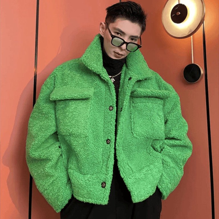 AnQingLueLv Green Padded Winter Men's Jacket Fleece Lamb Wool