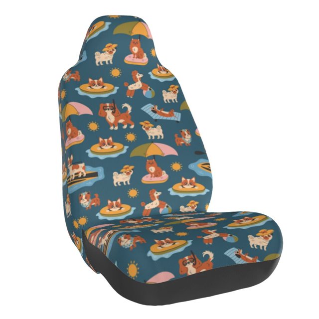 Wukai Beach Dog Full Set Car Seat Covers with Soft Padding Universal Auto Front Seats Protector and Cushion Mat