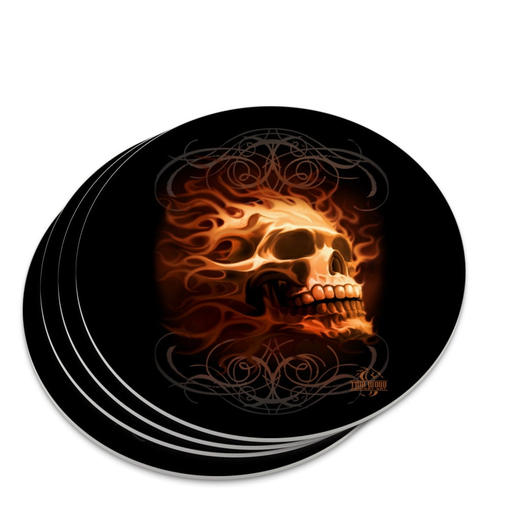 Red Flaming Fire Skulls Set of 4 Coasters 