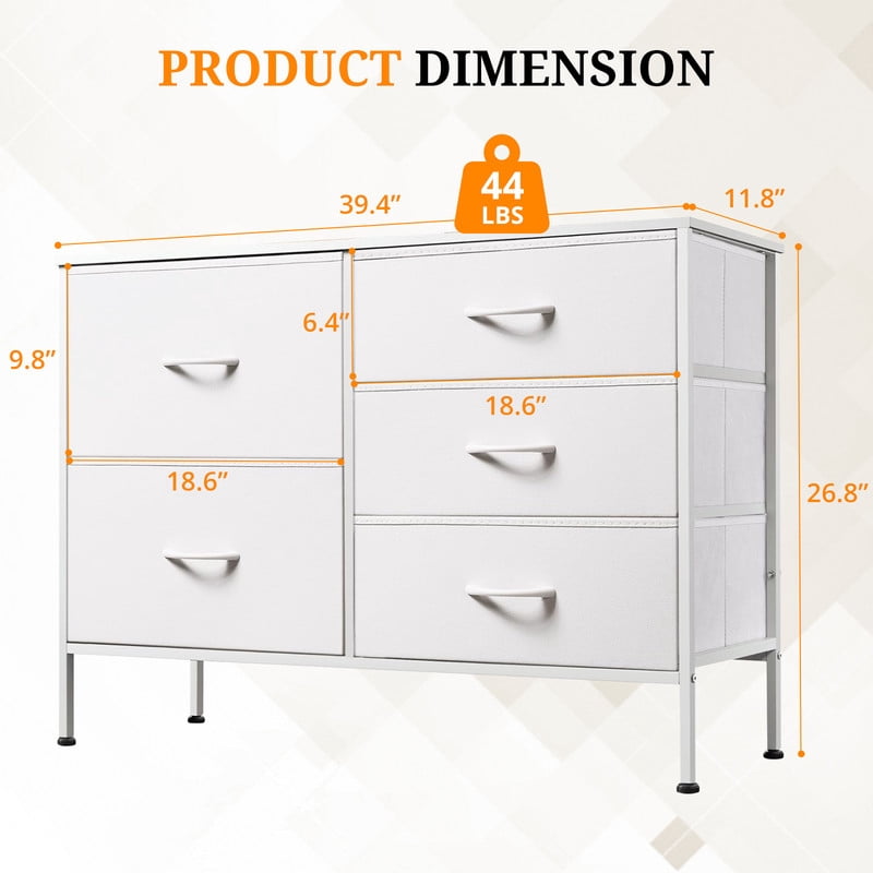 Simenmax 5-Drawer Fabric TV Stand, 39.4-Inch Entertainment Center with Wood Top & Sturdy Metal Frame, Storage Dresser for Bedroom, Living Room, Hallway, White