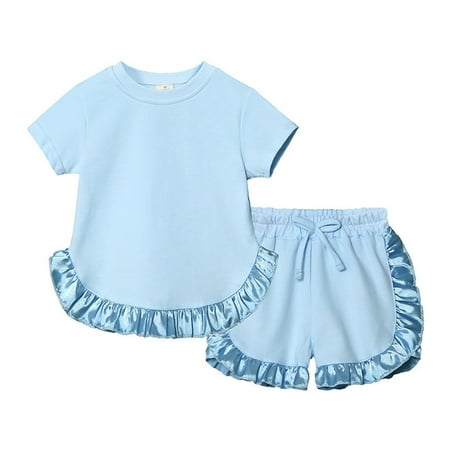 

Cute Summer Toddler Girls Outfits Set Kids Baby Spring Solid Cotton Short Sleeve Tshirt Ruffle Shorts Outfits Clothes For 12-18 Months
