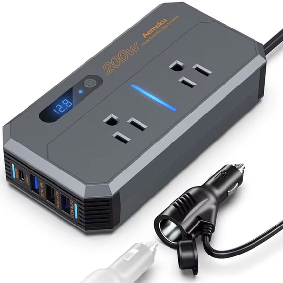 Power Inverter 200W Metal Car Charger Adapter Fast Charging 12V to 110v pd 4 USB Ports(2.4A USB 1.2A USB QC3.0 30W Type-C) and 2 AC Outlet, only for DC 12V