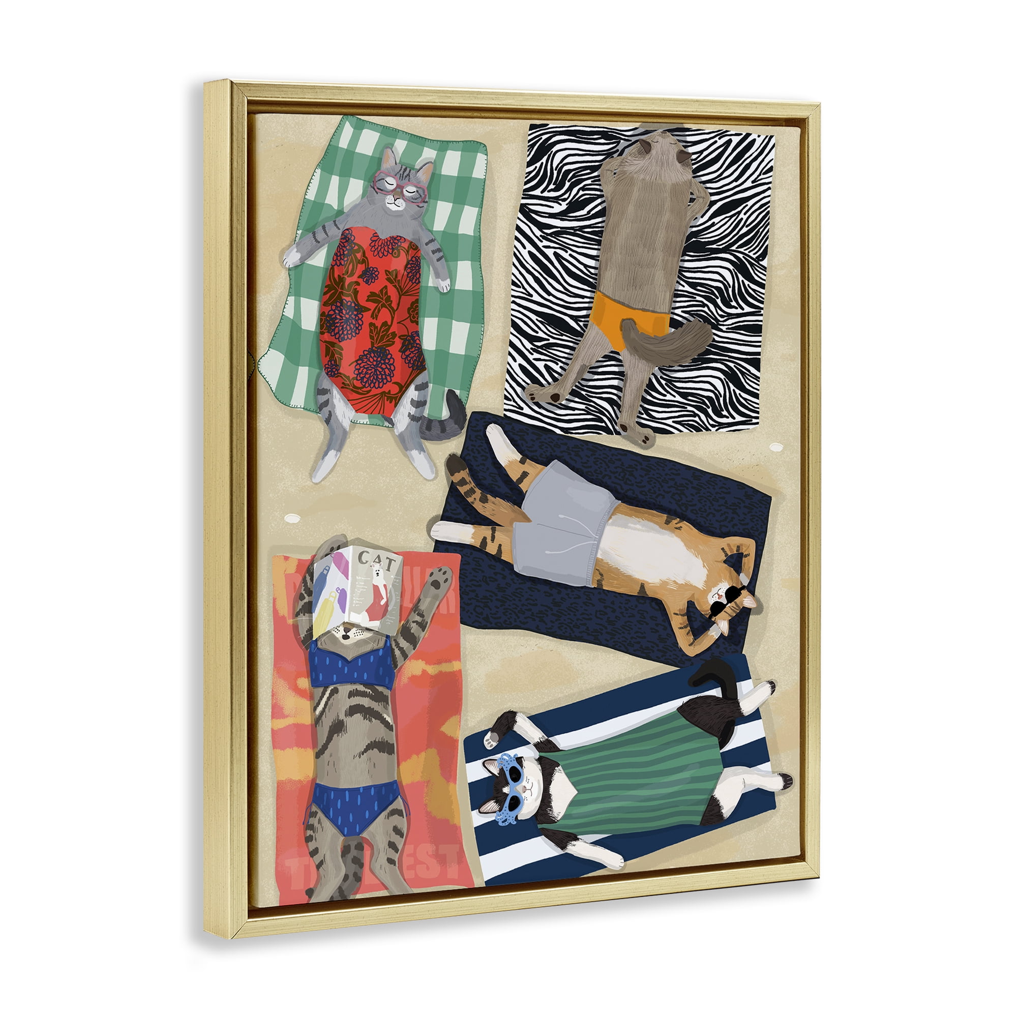 Stupell Industries Summer Sunbathing Cats Gold Framed Floater Canvas Wall Art, design by Hanna Melin