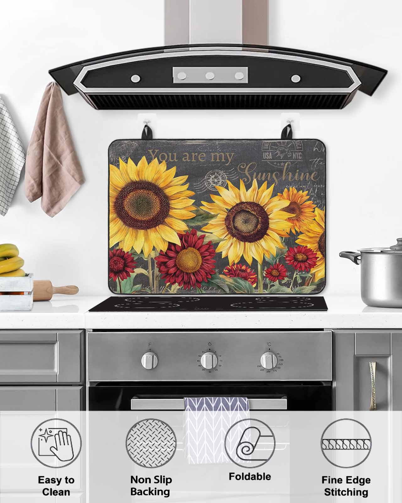 nqOlkjepod Large Induction Cooktop Protector Mat 24"x21", Sunflower Retro Stove Top Covers for Electric Stove, Spring Summer Rustic Flowers Botanical Stove Burner Cover Mats, Glass Top Stove Cover
