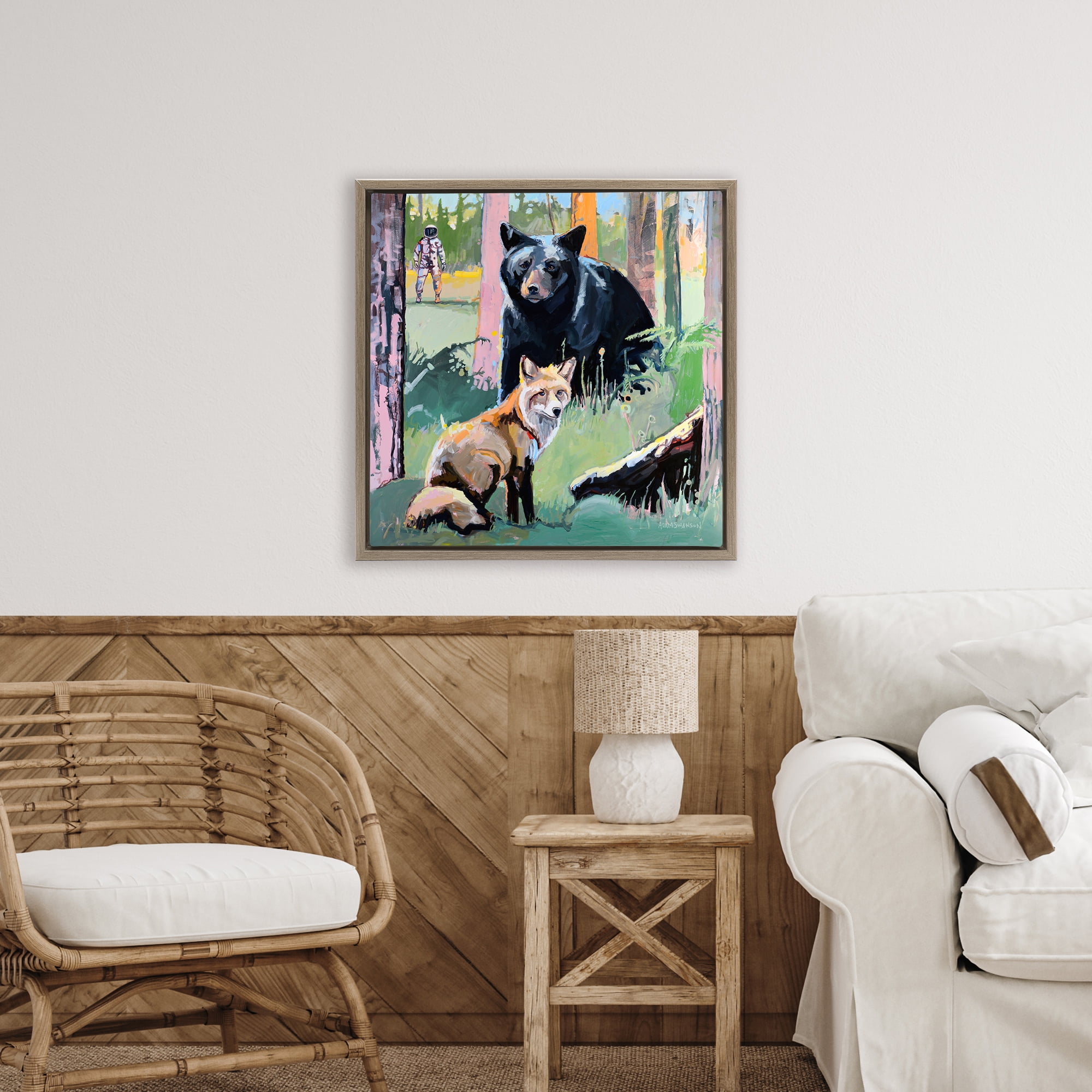 Forest Animals in Deep Space Brown Framed Floater Canvas Wall Art, design by Adam Swanson