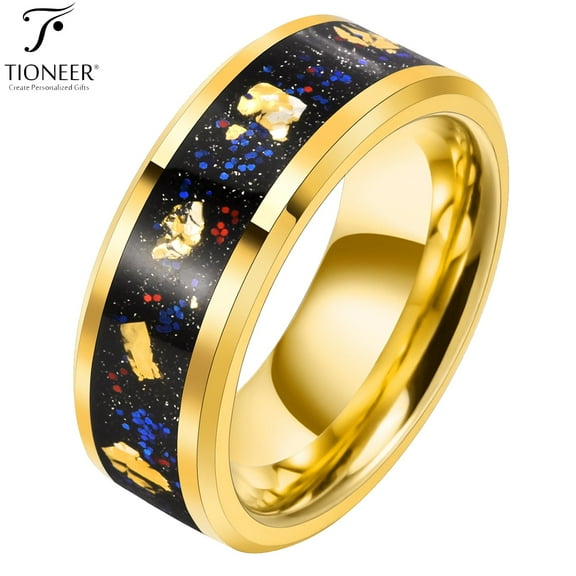 Tioneer Galaxy Style Tungsten Carbide Ring w Opal & Gold leaf Inlay in 8mm or 6mm Wedding Band for Men Women