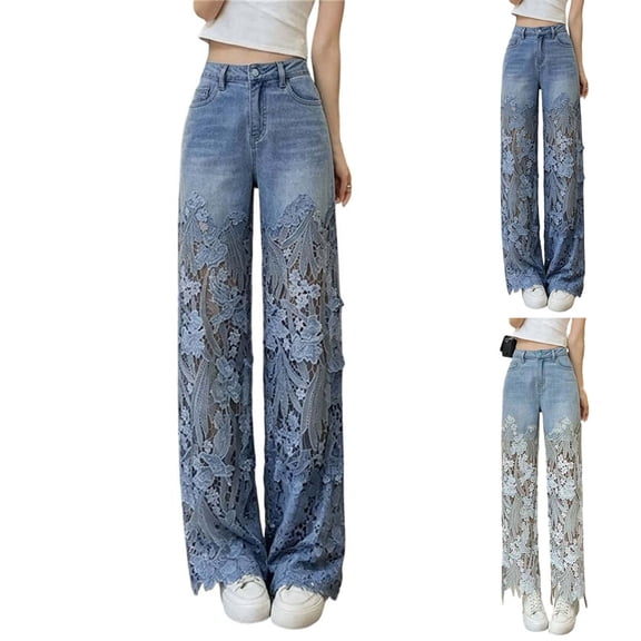 Idoravan Women's High Waist Lace Spliced Stretchy Zipper Jeans High Waist Design Comfortable Stretchy Feel, Relaxed Fit, Party Occasion Styling, Weekend Casual Wear