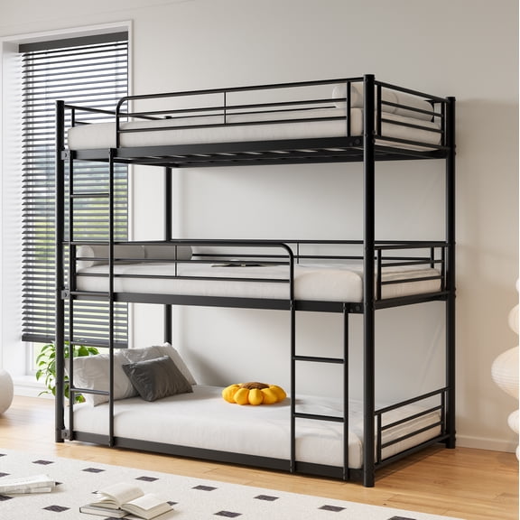 Triple Twin Bunk Bed, Twin Over Twin Over Twin Metal Bunk Bed Frame, Heavy Duty Triple Sleeper with Two Ladders & Full Guardrails, Space Saving for Dorms, Shared Bedroom, Black