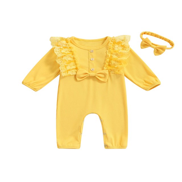 PENGXIANG Newborn Infant Baby Girls Jumpsuit Lace Long Sleeve Ruffle Romper Headband Autumn Spring Set Red 0-3 Months