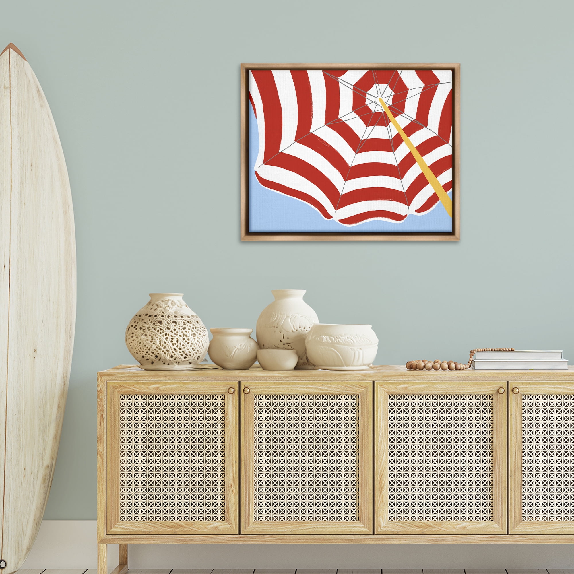 Stupell Industries Red & White Umbrella Coastal Painting Brown Floater Framed Canvas Art Print Wall Art, 31 x 25