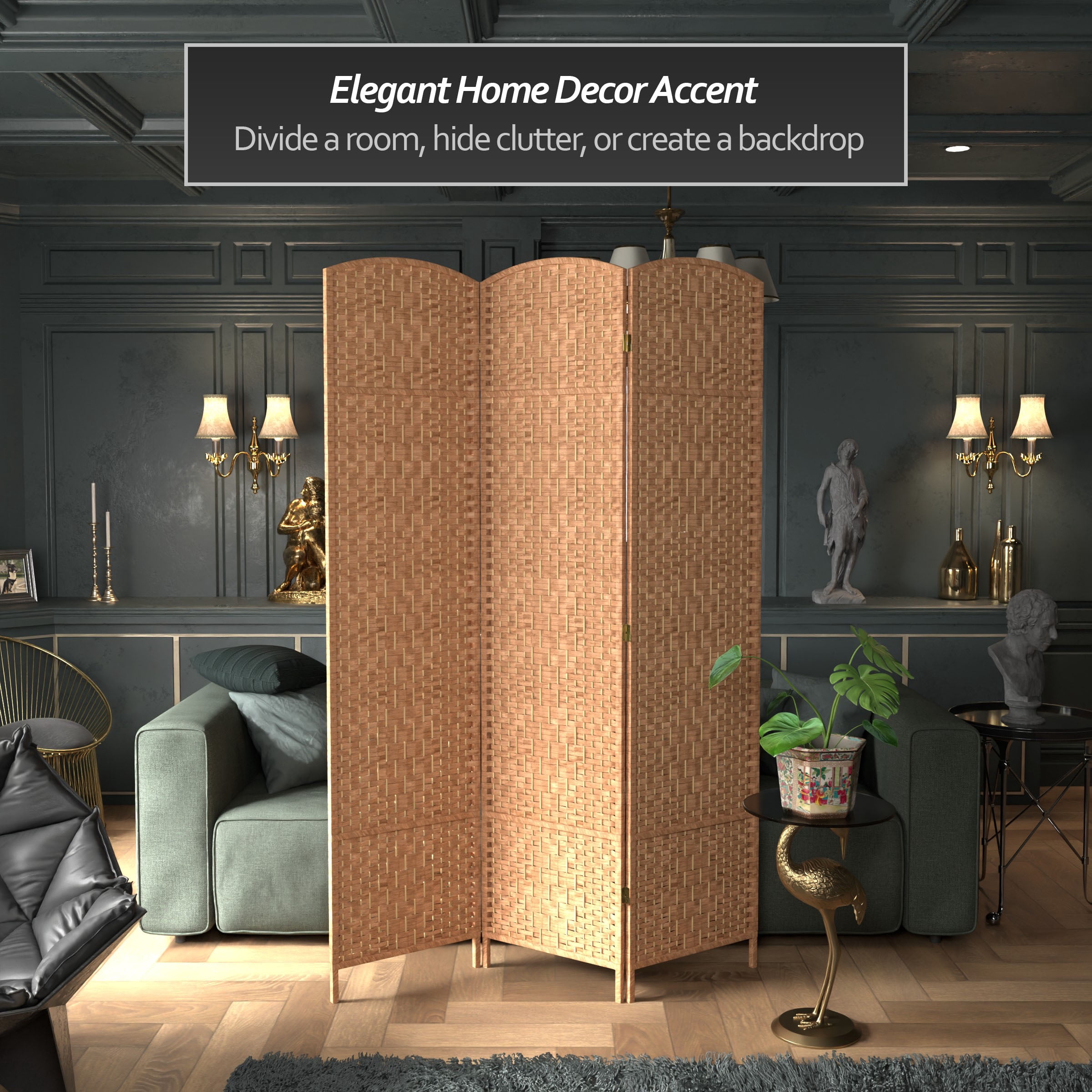 7 ft. Tall Rattan Fiber Diamond Weave Privacy Screen Room Divider - Natural - 3 Panels