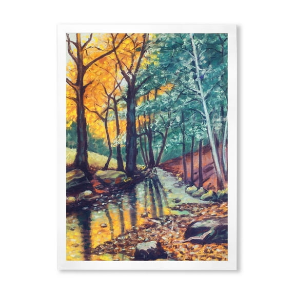 Designart 'Landscape With Autumn Forest Sunset River' Traditional Framed Art Print
