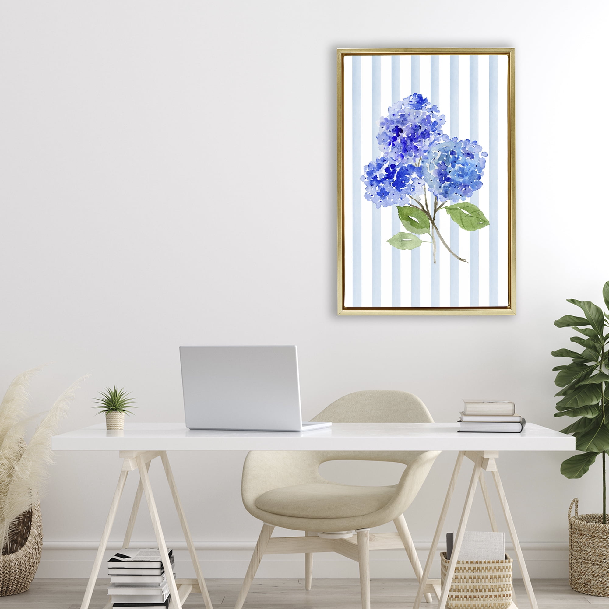 Stupell Industries Blue Hydrangeas over Stripes Gold Framed Floater Canvas Wall Art, design by Corinne Haig