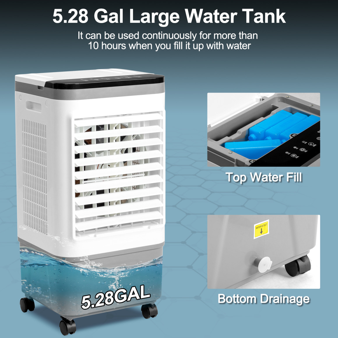 3-in-1 Portable Evaporative Cooler 720R, 461CFM Airflow with 5.28Gal Tank & Ice Packs, 40° Oscillation for 215 Sq Ft, Remote Control & Wheels, Indoor/Outdoor Use, Gray White