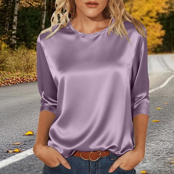 Women's Satin Blouse Dressy Casual 3/4 Sleeve Silk Tops Round Neck Formal Business Tshirts (Purple XL)