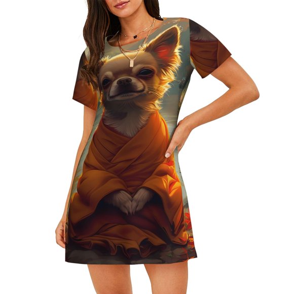 Bixox Maple Leaf Meditating Chihuahua Pattern Women's Nightgown, Soft & Breathable Sleepwear, Round Neck Knee-Length Pajama Dress,Loungewear for Home & Sleep