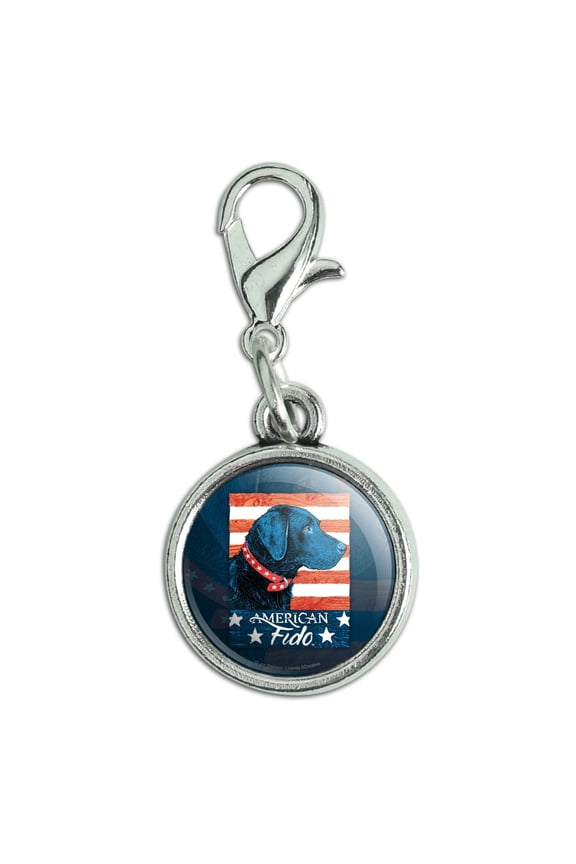 American Fido American USA Flag Lab Dog Antiqued Bracelet Pendant Zipper Pull Charm with Lobster Clasp