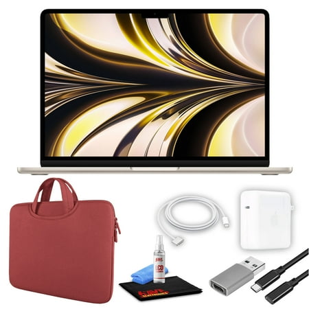 Apple MacBook Air 13" Laptop (M2 Chip, 8-Core CPU, 8GB RAM) (Mid 2022, 256GB SSD, Starlight) (MLY13LL/A) Bundle with Red Zipper Sleeve, USB-C Extension Cable, and Screen Cleaning Kit