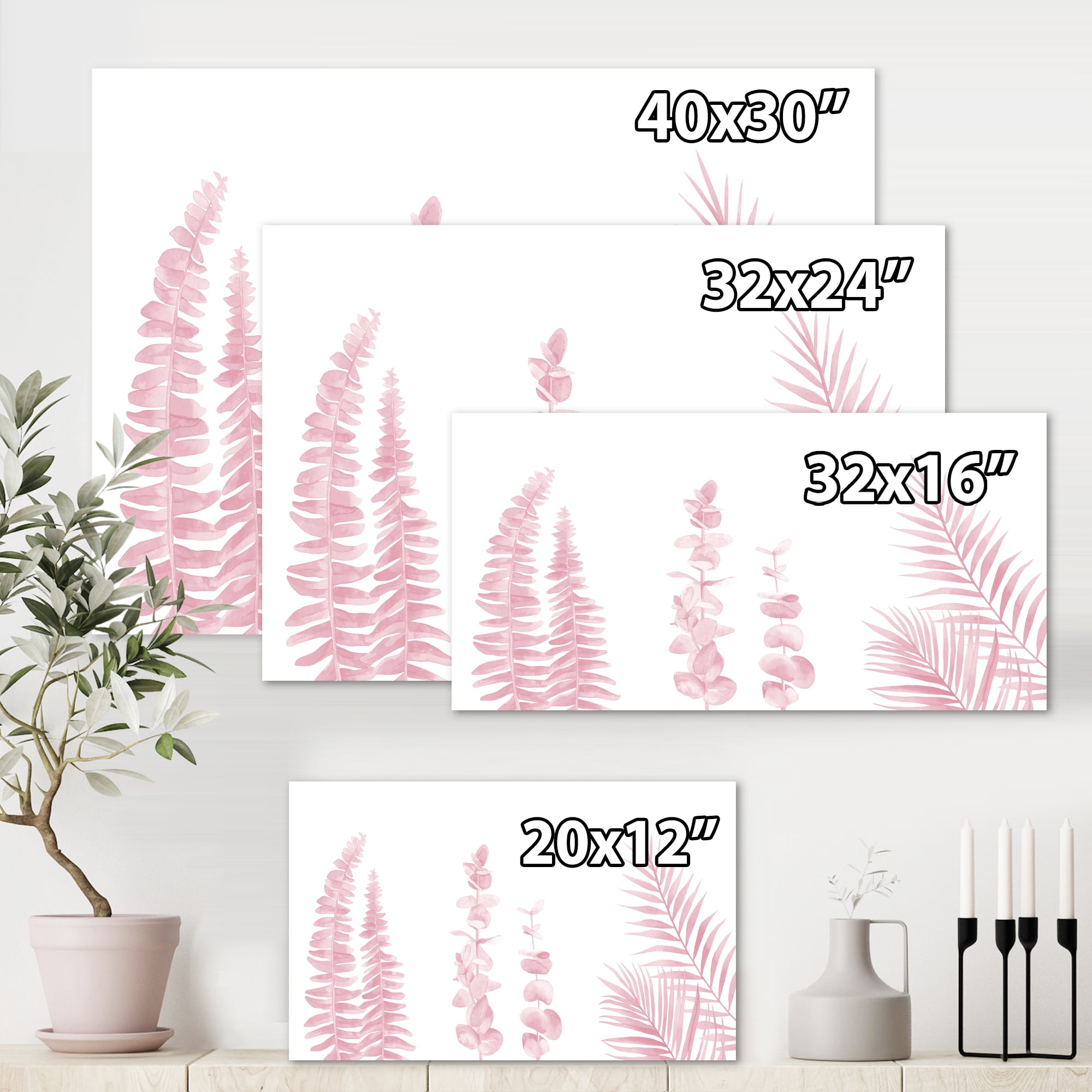 Designart ' Palm Branches and Blush Pinkeucalyptus ' Shabby Chic Canvas Wall Art Print