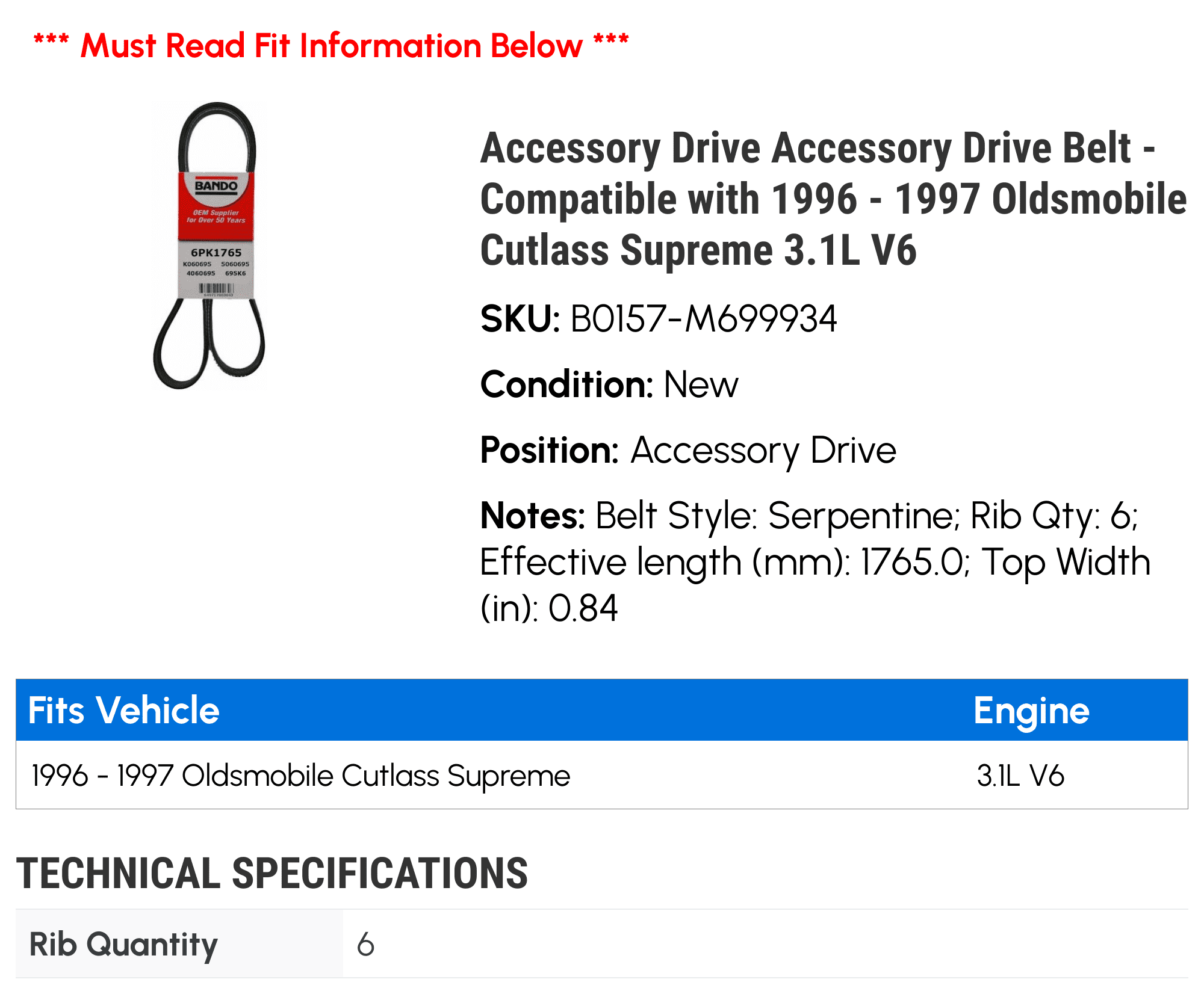 Accessory Drive Accessory Drive Belt - Compatible with 1996 - 1997 Oldsmobile Cutlass Supreme 3.1L V6