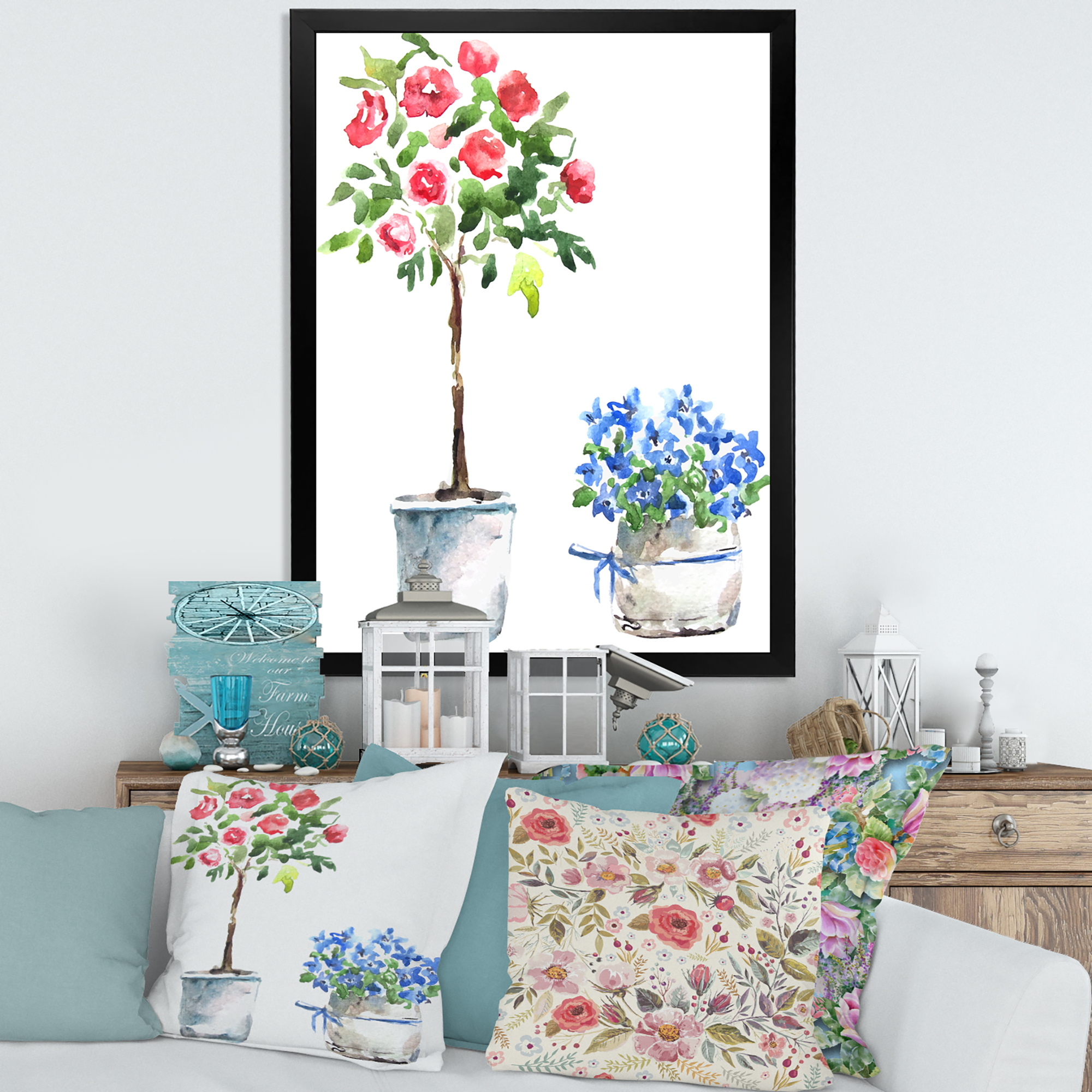 Designart 'Red and Blue Houseplants' Traditional Framed Art Print