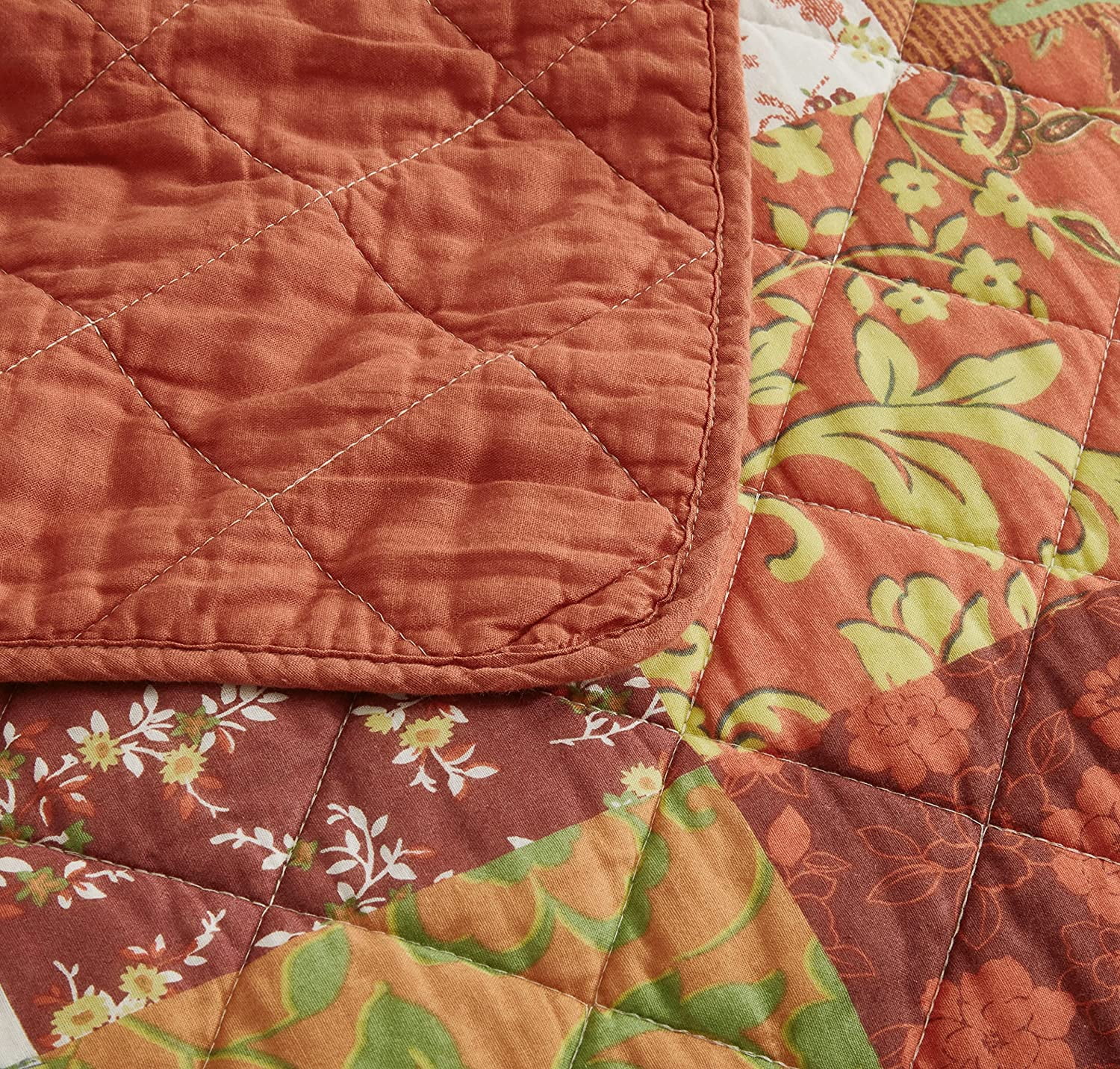 Chezmoi Collection Leilani 3-Piece Boho Washed Cotton Quilt Set Queen Size - Bohemian Quilted Bedding Orange Green White Floral Printed Patchwork Lightweight Bedspread Set for All Season