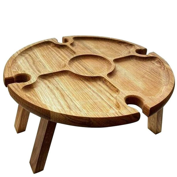 Snack Mesa De Madera Alta Capacidad De Carga Copa De Vino Soporte De Madera Soporte De Vino Portátil Escritorio Redondo Para Acampar Picnic Al Aire Libre 5 Compartimentos Vogacara HA013184-00
