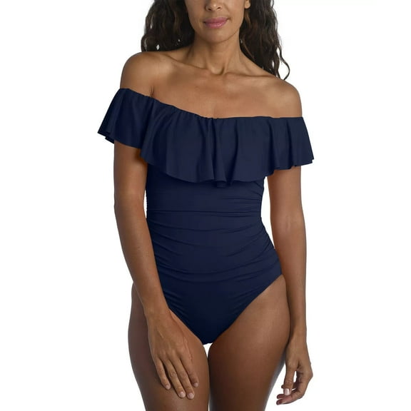 LA BLANCA Island Goddess Off-Shoulder Tummy-Control Swimsuit Blue Size 16 $130