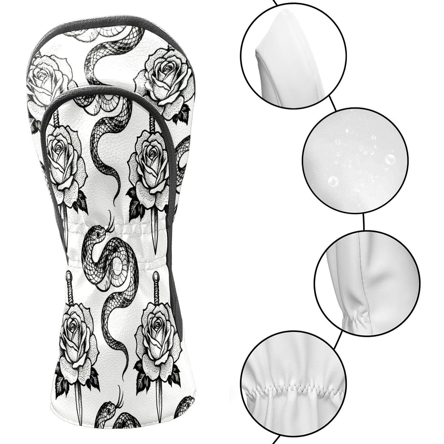 Golf Club Covers, BlackWhite RoseSnake Premium PU Leather Driver Hybrid Putter Head Covers with Velvet Lining, Waterproof Golf Gifts for Men Women