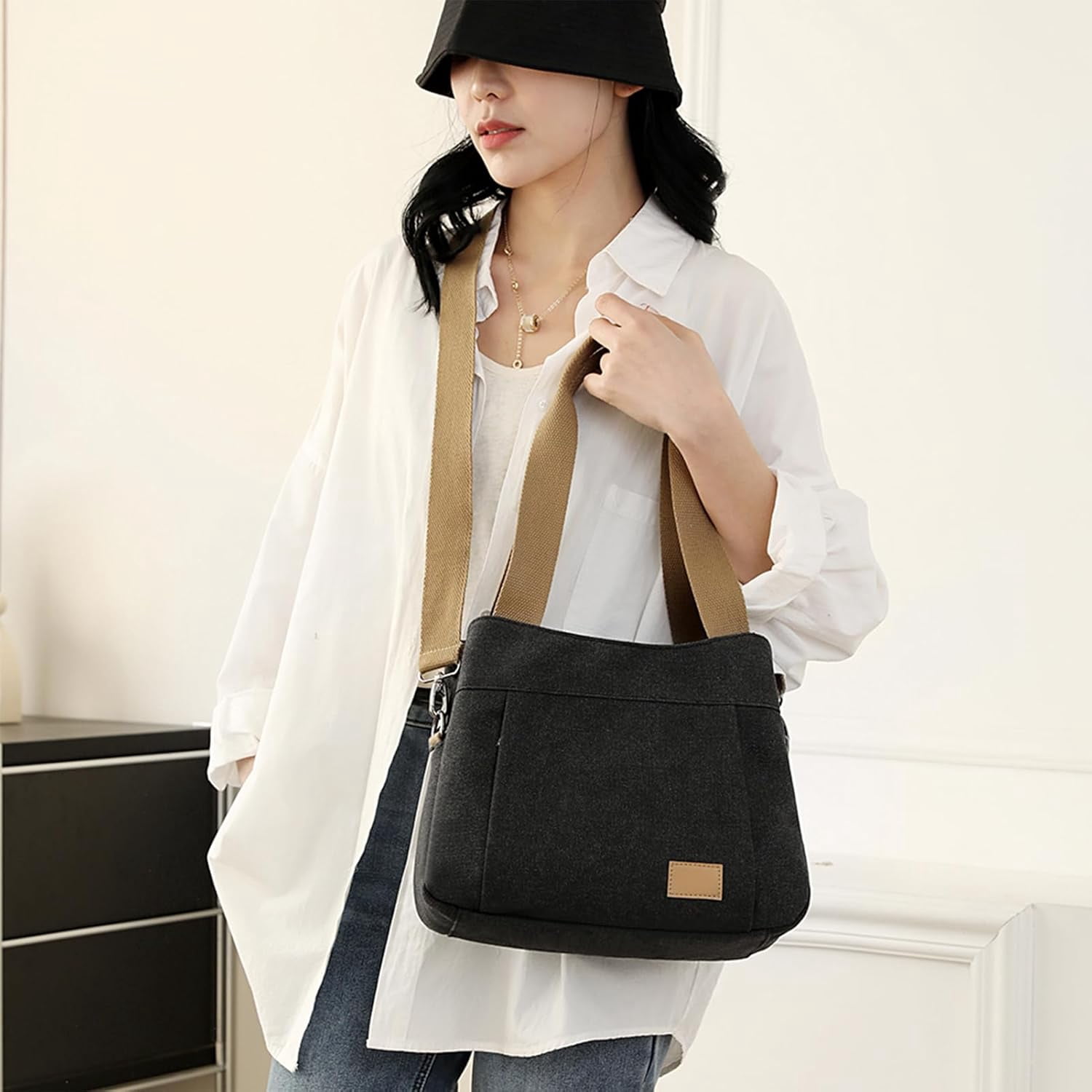 Heavy Duty Canvas Organized Hobo Bag for Women Daily Shoulder Crossbody Bag with 3 Compartment