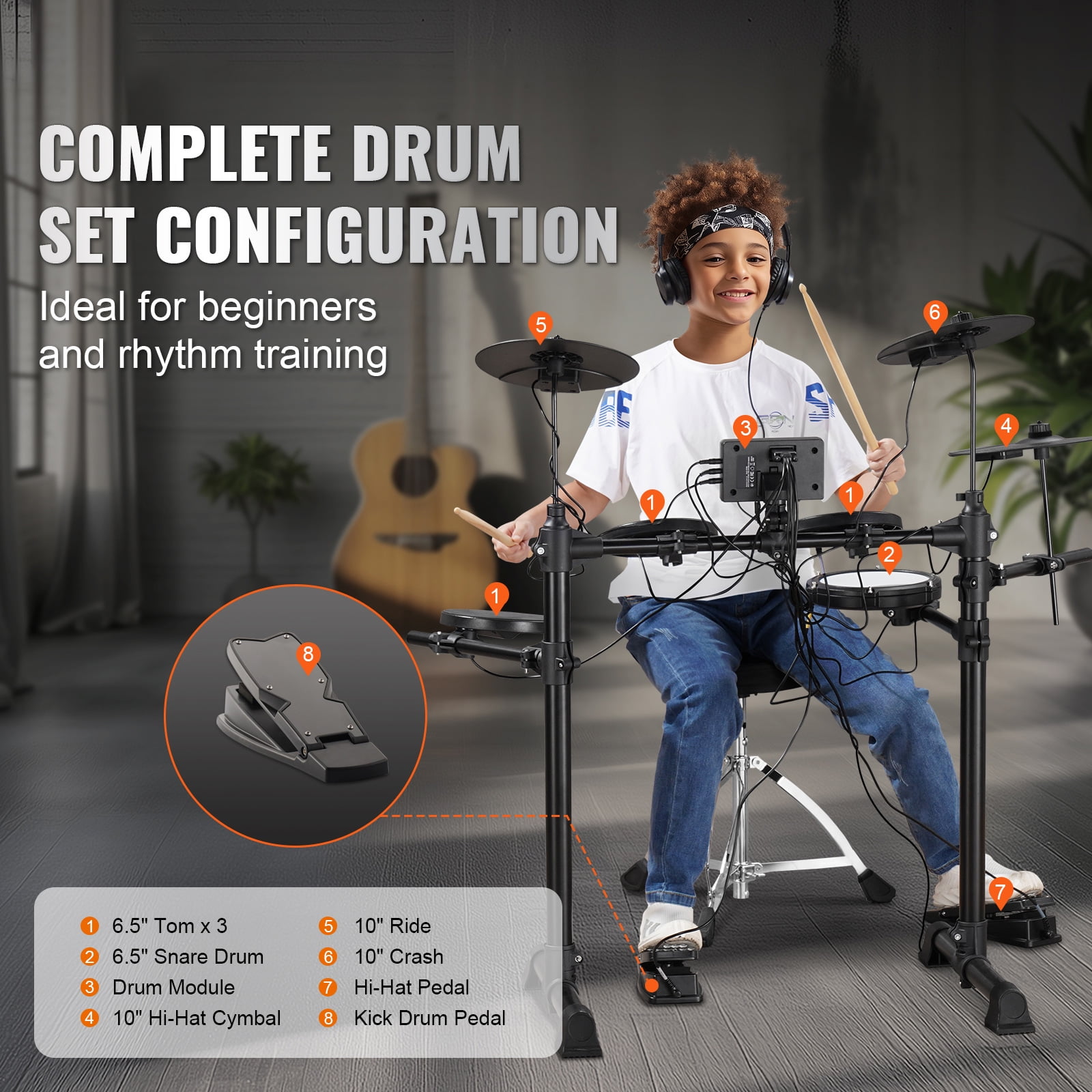 KFFKFF Electronic Drum Set, Comprises 15 Drum Sets & 150 Unique Sounds, 6.5 in Silent Mesh Snare, Supported by USB MIDI, Comes with 10 in Cymbals, Drum Sticks & Headphones