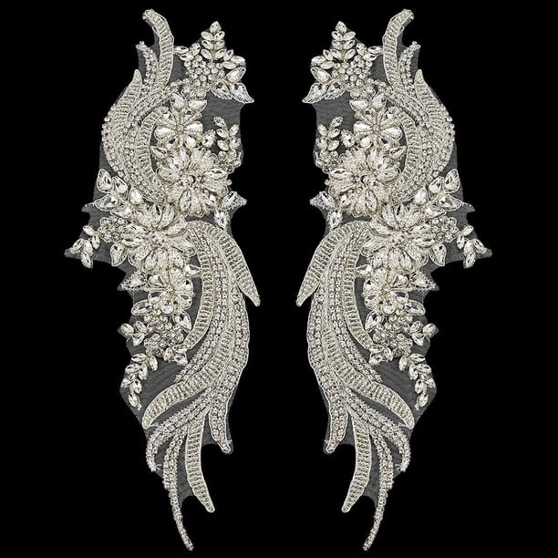 1 par de parches de diamantes de imitación para ropa, para coser o bordar, hechos a mano, con flores plateadas y diamantes de imitación.