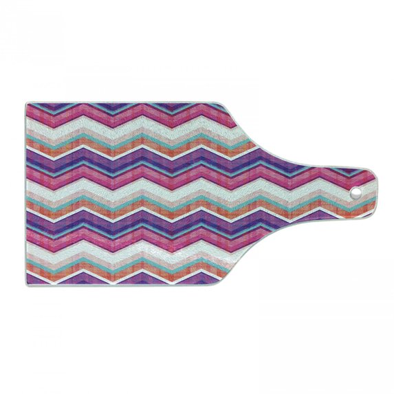 Chevron Cutting Board, Chevron Motifs Different Colors with Variable Angles Parallel Lines Groovy Art, Decorative Tempered Glass Cutting and Serving Board, Wine Bottle Shape, Multicolor, by Ambesonne
