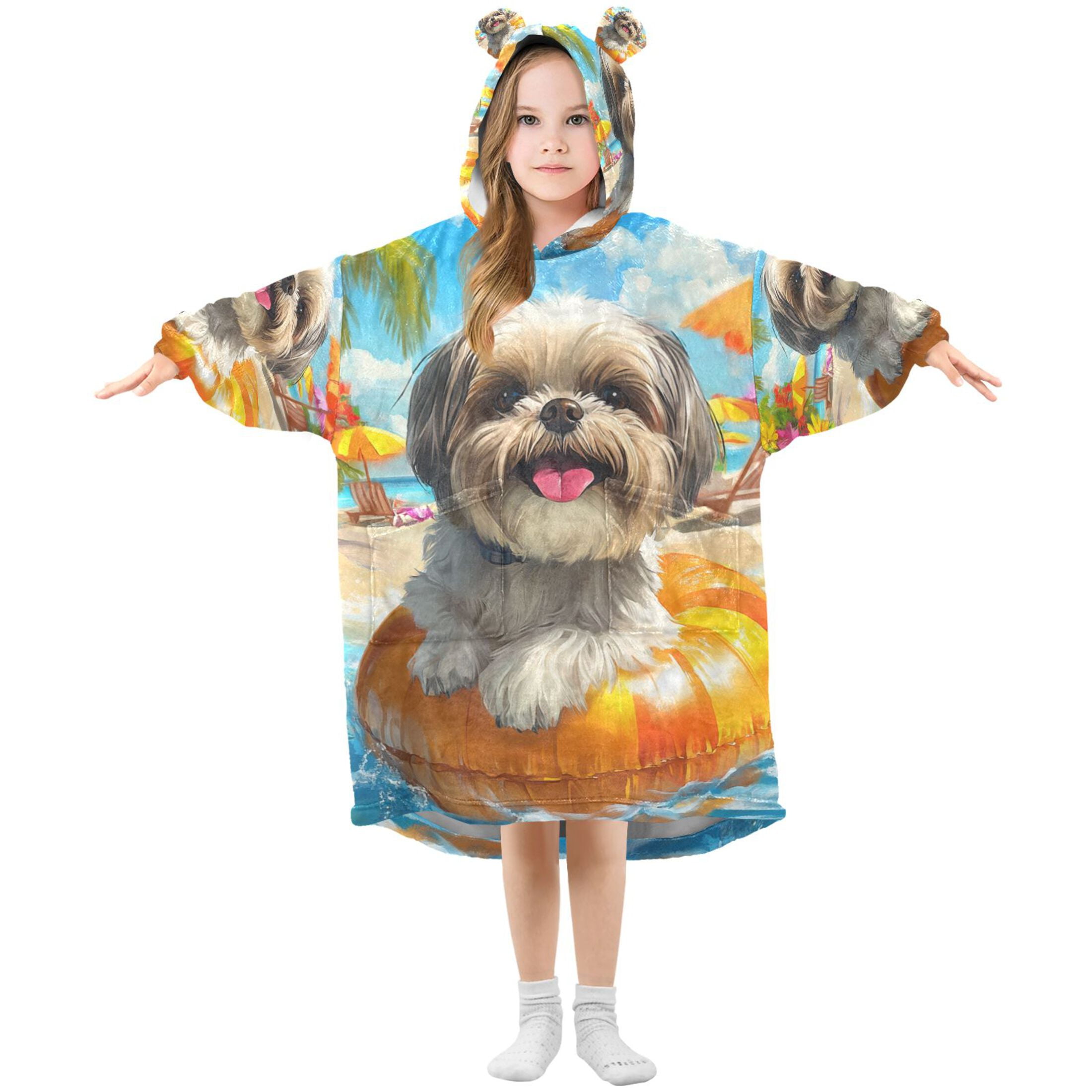 YAZAOO Kids Wearable Blanket Hoodie Warm and Cozy Sunny Beach Pup Flannel Sweatshirt