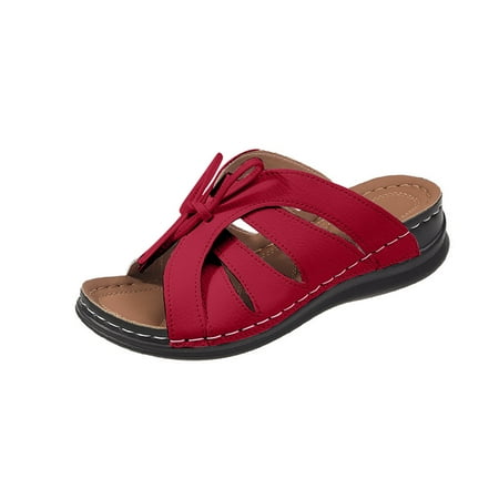 CHOII Promotion! Women s Solid Color Wedge Casual Beach Shoes Bow Tie Lace-up Sandals for Ladies Anti-slip Sole Slide Slippers Semi-Open Thong Sandals for Women Red/8.5