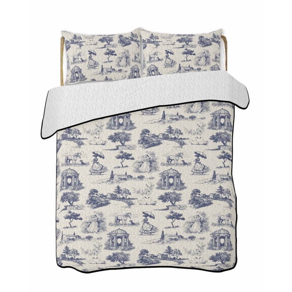 Twin XL Quilt Bedding Set, Farmhouse Country Reversible Summer Quilt 3 Pieces, Vintage Blue French Garden Horse Swan Lightweight Bedspreads Coverlets with 2 Pillow Shams for All Seasons