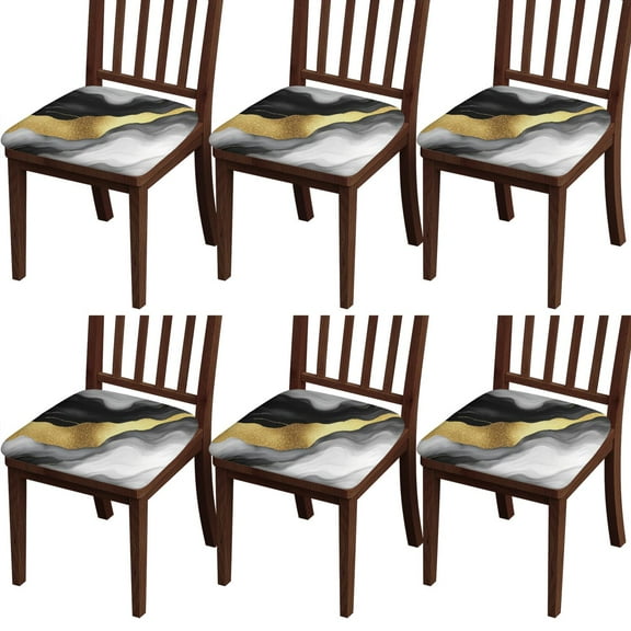 Black White and Gold Marble Seat Covers for Dining Room Chairs Set Of 6,Stretch Printed Washable Chair Seat Cover with Elastic Ties and Button,Removable Waterproof Couch Cushion Covers
