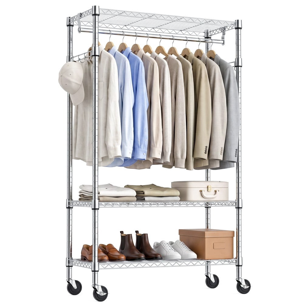 Heavy Duty Rolling Garment Rack, 3-Tier Adjustable Wire Shelving Clothes Rack with Hanging Rod, Side Hooks & Lockable Wheels, Chrome