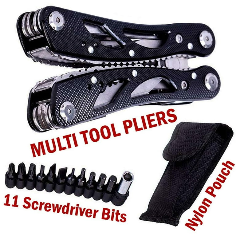 Folding Multi Tool Kit, Black Stainless Steel 1 Multi-Purpose Pocket Multitool Plier Screwdriver + Bits Set for Survival, Camping, Hunting, Fishing
