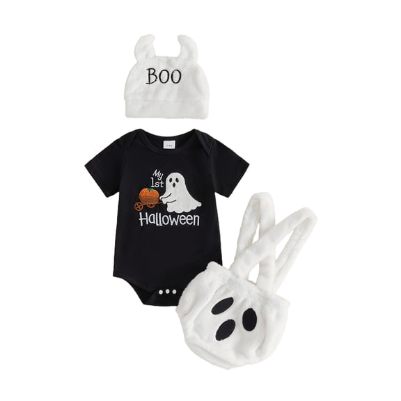 RUINIXCW Baby Boy Halloween Outfit Short Sleeve Romper Furry Suspender Shorts Hat