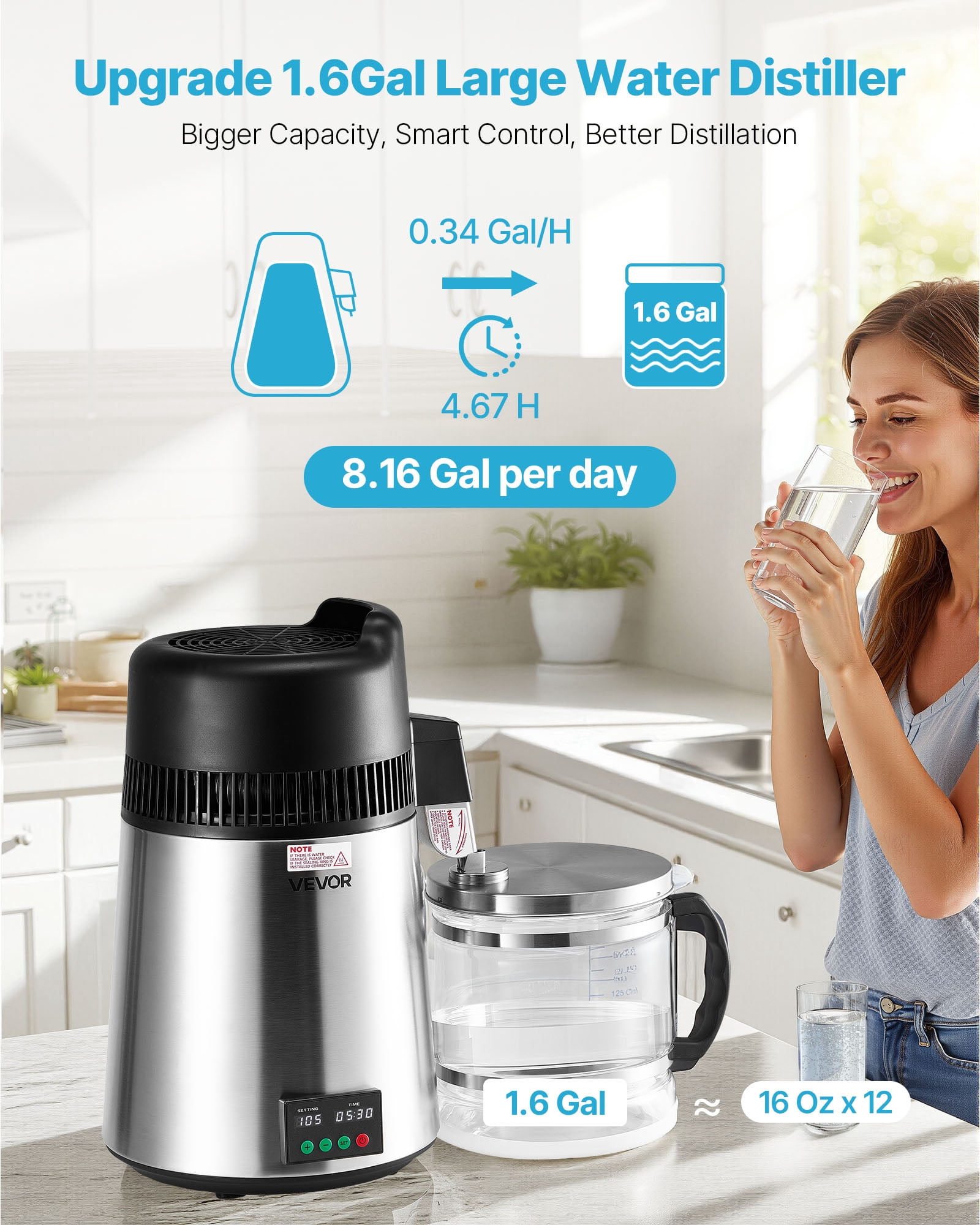 VEVOR Water Distiller, 6L 1.6 Gallon Larger Pure Water Purifier Filter For Home Table Countertop, 900W Glass Pot Distilled Maker,Stainless Steel Interior Drinking Machine to Make Clean Waters,Silver